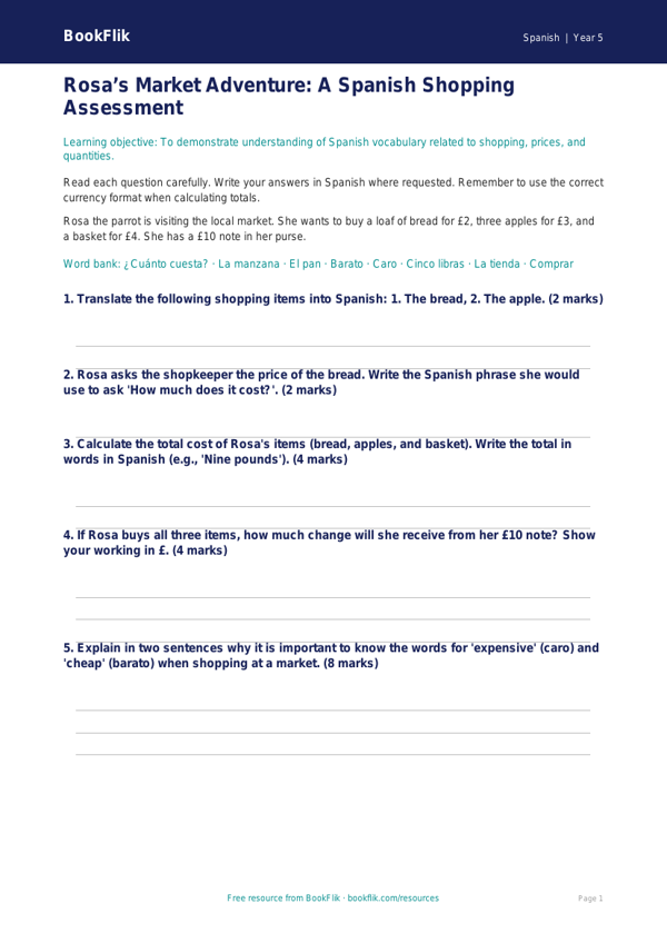 Free Shopping Assessment | Year 5 Core | BookFlik worksheet preview — Spanish Shopping