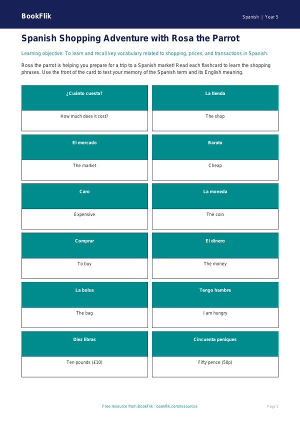 Free Shopping Flashcards | Year 5 Core | BookFlik worksheet preview — Spanish Shopping