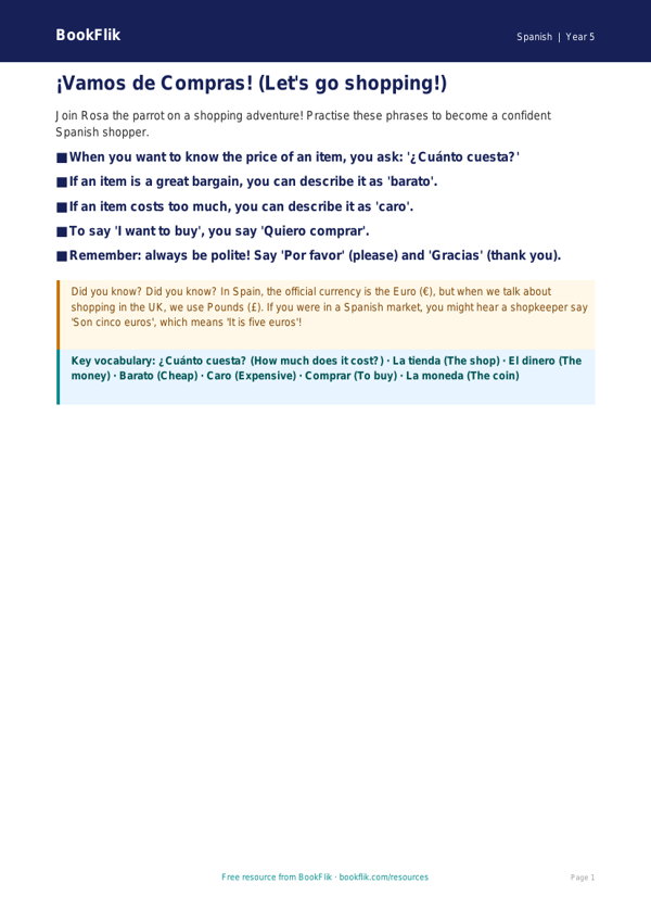 Free Shopping Poster | Year 5 Core | BookFlik worksheet preview — Spanish Shopping