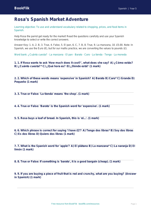 Free Shopping Quiz | Year 5 Core | BookFlik worksheet preview — Spanish Shopping