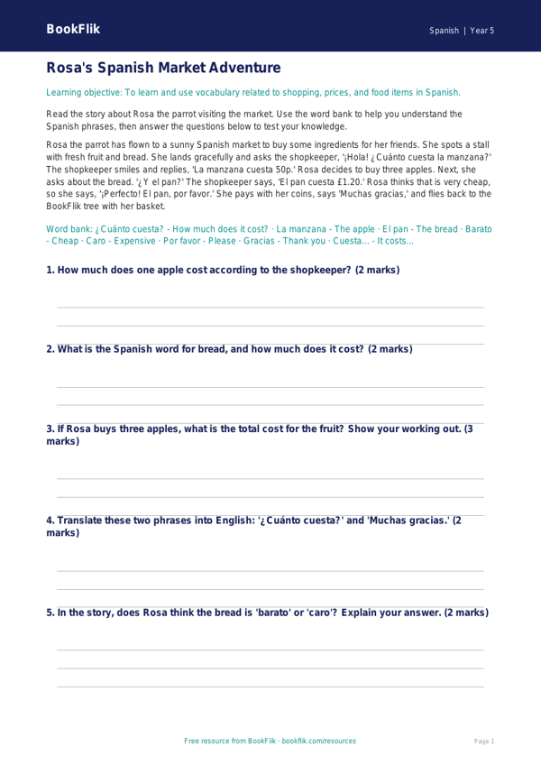 Free Shopping Math Worksheet | Year 5 Core | BookFlik worksheet preview — Spanish Shopping