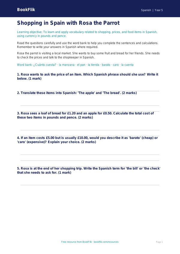 Free Shopping Worksheet | Year 5 Core | BookFlik worksheet preview — Spanish Shopping