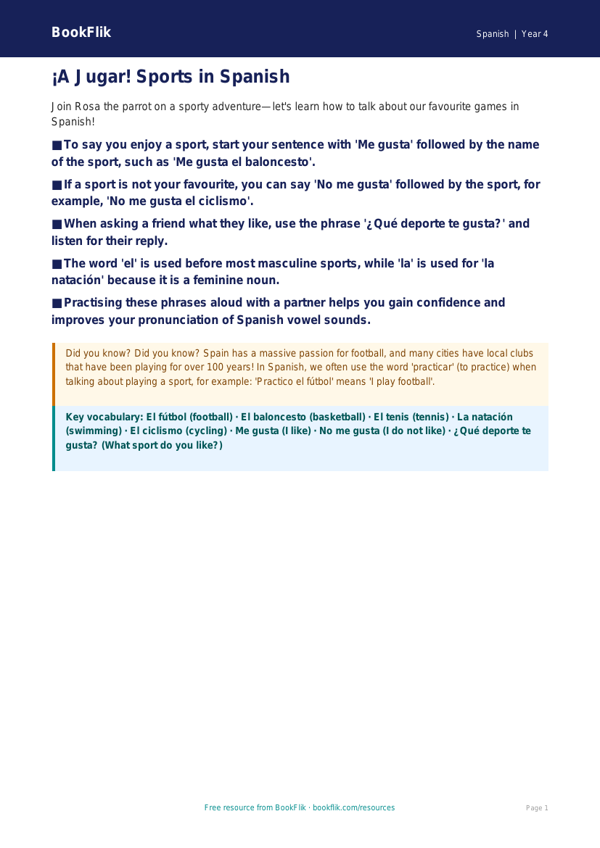 Free Sports Poster | Year 4 Greater Depth | BookFlik worksheet preview — Spanish Sports