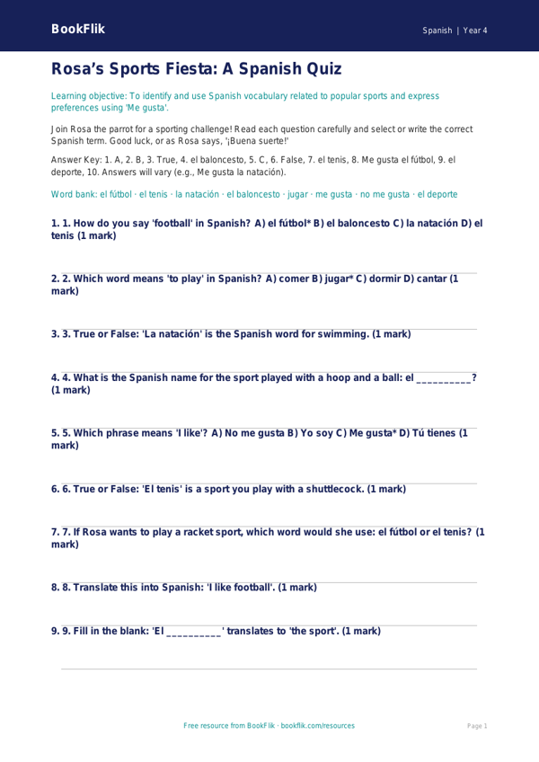 Free Sports Quiz | Year 4 Greater Depth | BookFlik worksheet preview — Spanish Sports