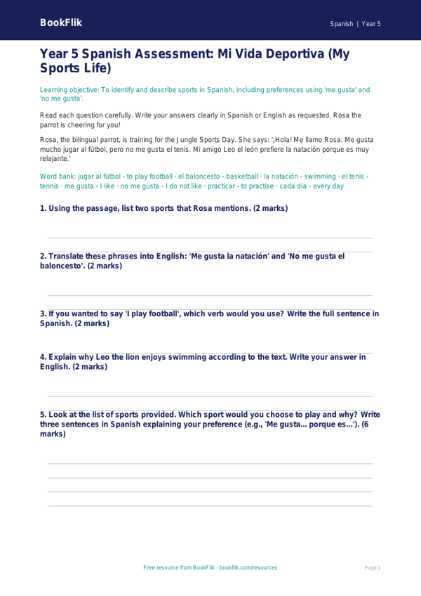 Free Sports Assessment | Year 5 Core | BookFlik worksheet preview — Spanish Sports