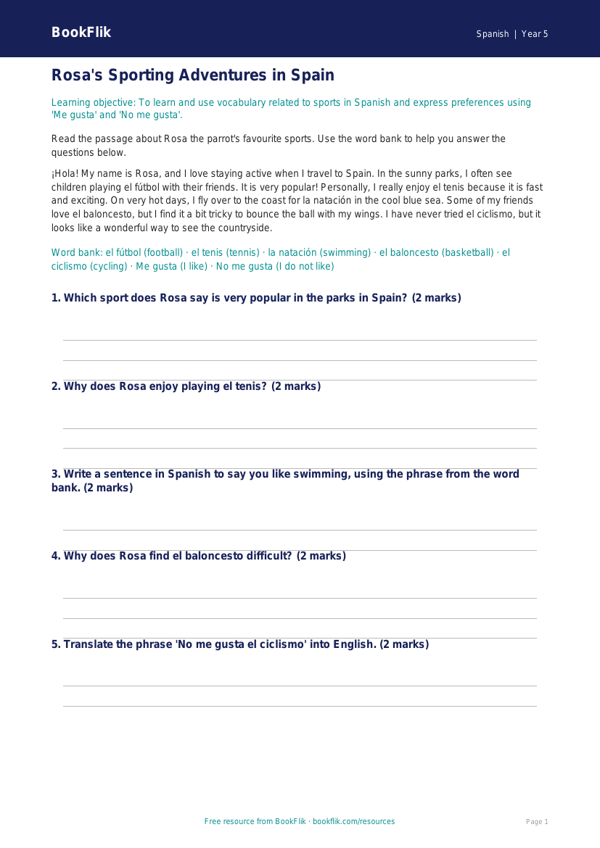 Free Sports Track Sheet | Year 5 Core | BookFlik worksheet preview — Spanish Sports