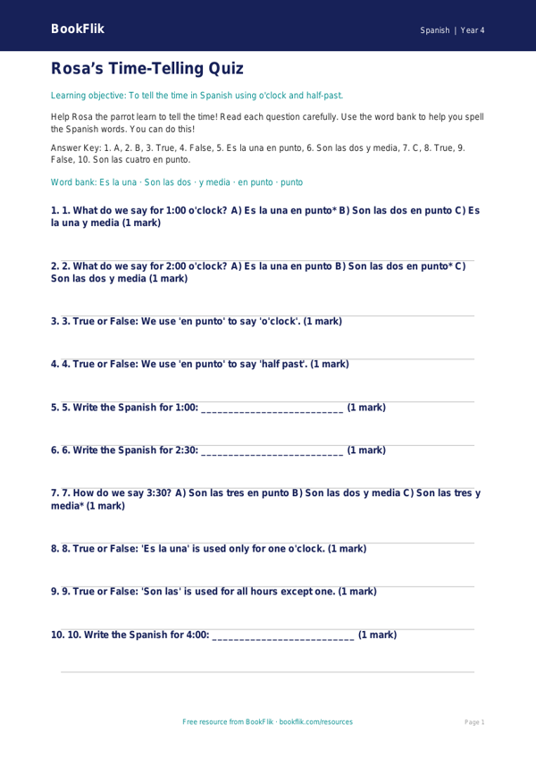 Free Telling The Time Quiz | Year 4 Supported | BookFlik worksheet preview — Spanish Telling The Time