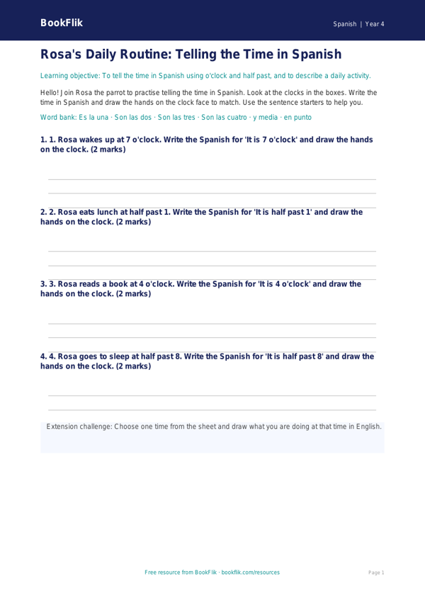 Free Telling The Time Template | Year 4 Supported | BookFlik worksheet preview — Spanish Telling The Time