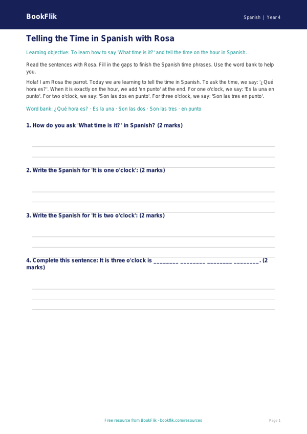 Free Telling The Time Track Sheet | Year 4 Supported | BookFlik worksheet preview — Spanish Telling The Time