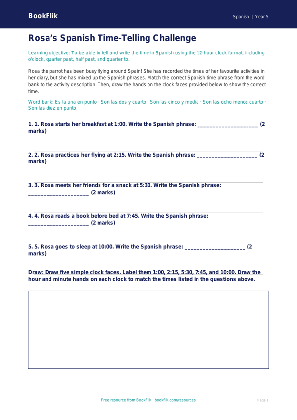 Free Telling The Time Activity Sheet | Year 5 Core | BookFlik worksheet preview — Spanish Telling The Time