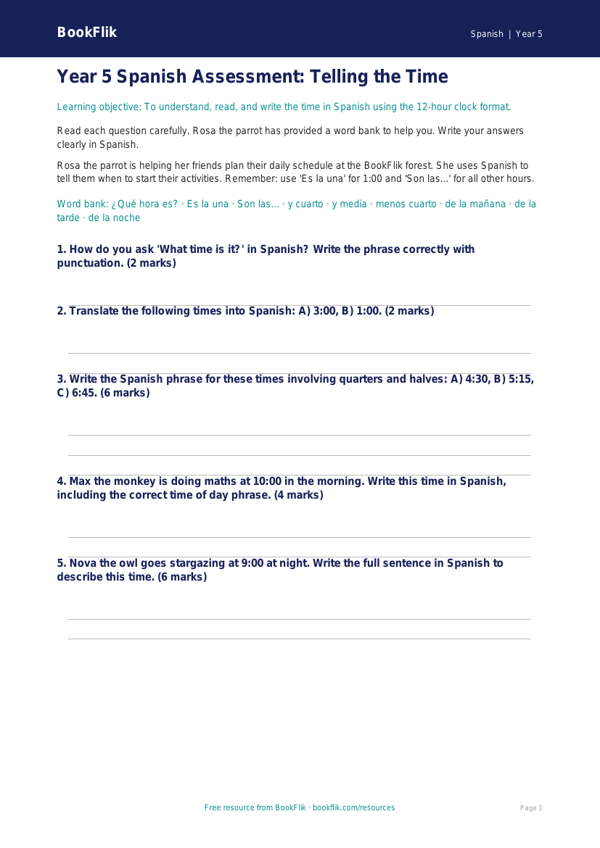 Free Telling The Time Assessment | Year 5 Core | BookFlik worksheet preview — Spanish Telling The Time