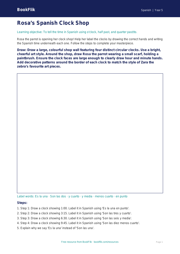Free Telling The Time Drawing Sheet | Year 5 Core | BookFlik worksheet preview — Spanish Telling The Time