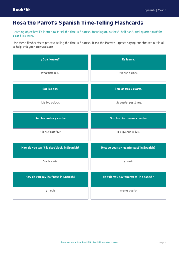 Free Telling The Time Flashcards | Year 5 Core | BookFlik worksheet preview — Spanish Telling The Time