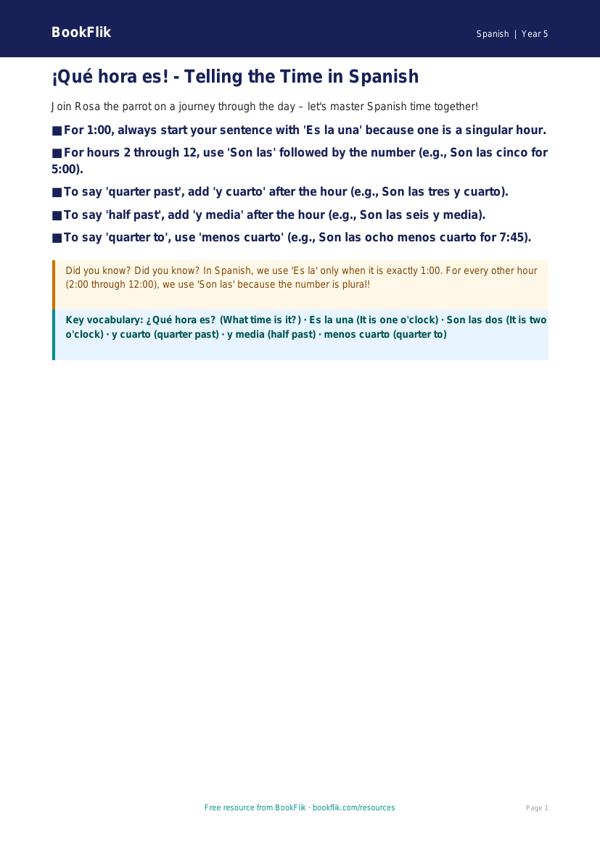 Free Telling The Time Poster | Year 5 Core | BookFlik worksheet preview — Spanish Telling The Time