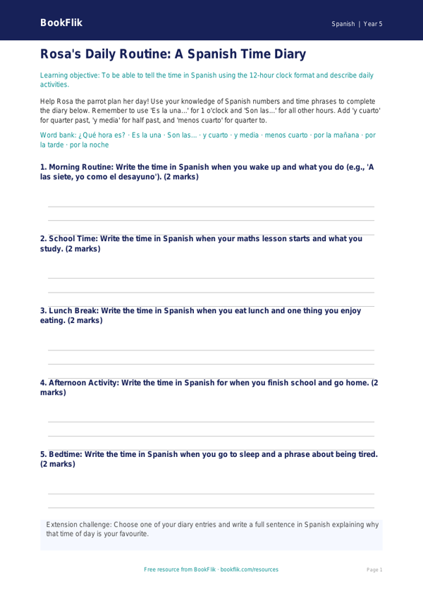 Free Telling The Time Template | Year 5 Core | BookFlik worksheet preview — Spanish Telling The Time