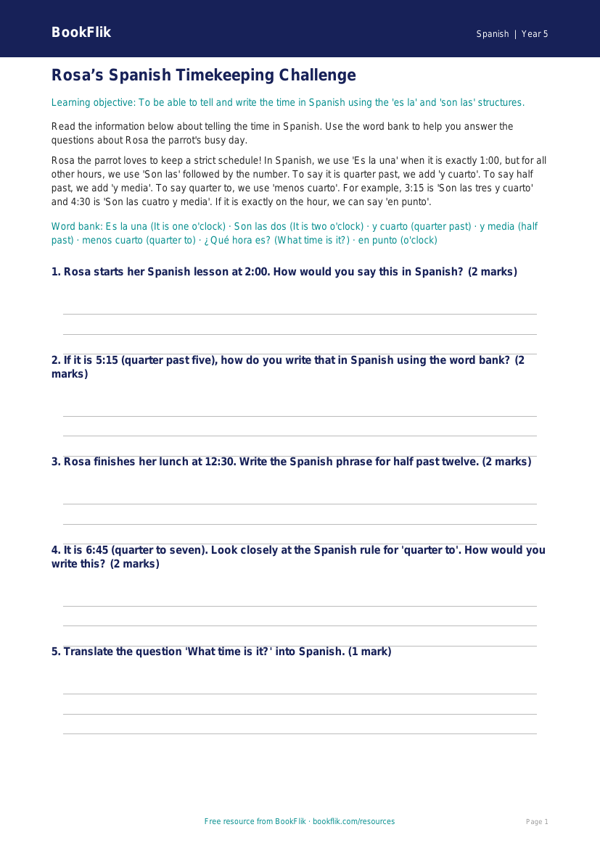 Free Telling The Time Track Sheet | Year 5 Core | BookFlik worksheet preview — Spanish Telling The Time