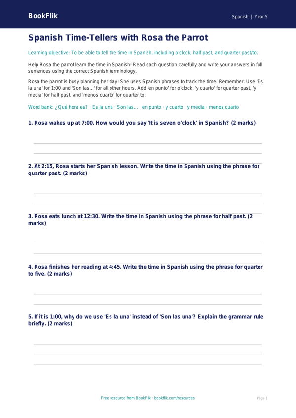 Free Telling The Time Worksheet | Year 5 Core | BookFlik worksheet preview — Spanish Telling The Time