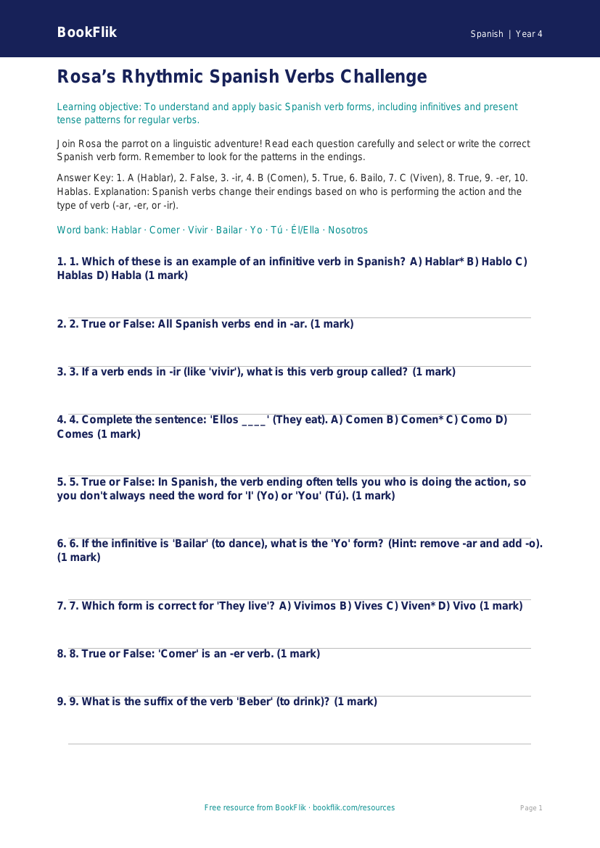 Free Verbs And Tenses Quiz | Year 4 Greater Depth | BookFlik worksheet preview — Spanish Verbs And Tenses