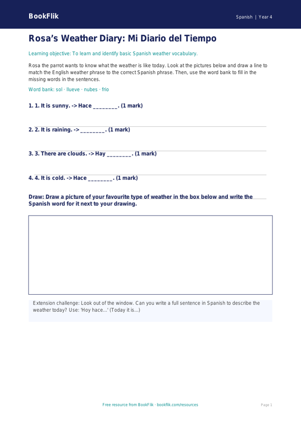 Free Weather Activity Sheet | Year 4 Supported | BookFlik worksheet preview — Spanish Weather
