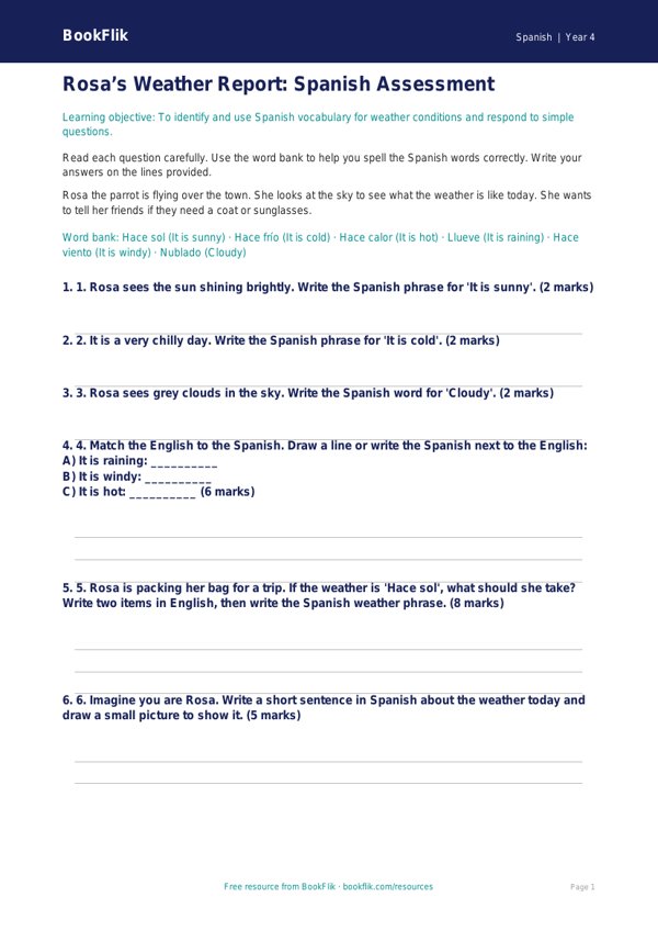 Free Weather Assessment | Year 4 Supported | BookFlik worksheet preview — Spanish Weather