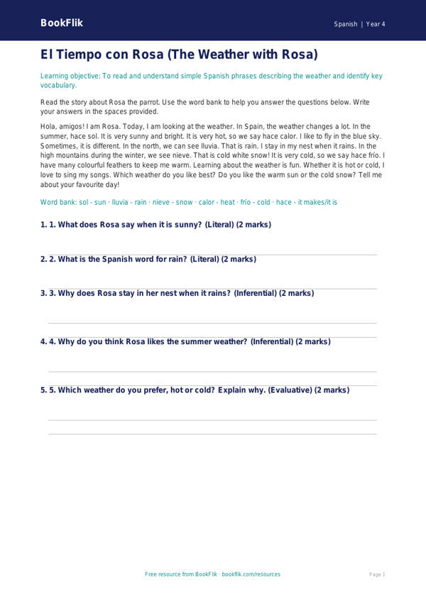 Free Weather Comprehension | Year 4 Supported | BookFlik worksheet preview — Spanish Weather