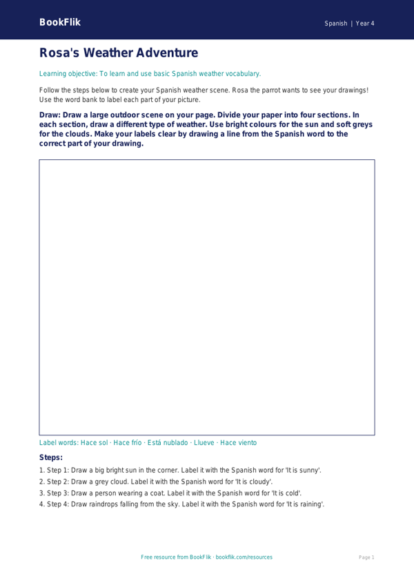 Free Weather Drawing Sheet | Year 4 Supported | BookFlik worksheet preview — Spanish Weather