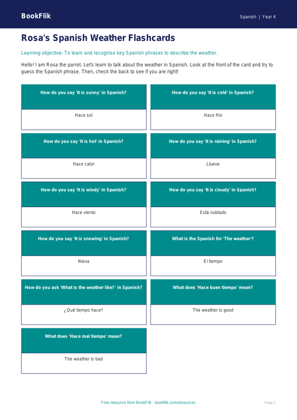 Free Weather Flashcards | Year 4 Supported | BookFlik worksheet preview — Spanish Weather