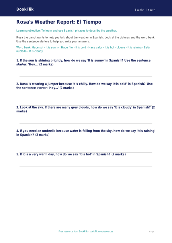 Free Weather Worksheet | Year 4 Supported | BookFlik worksheet preview — Spanish Weather