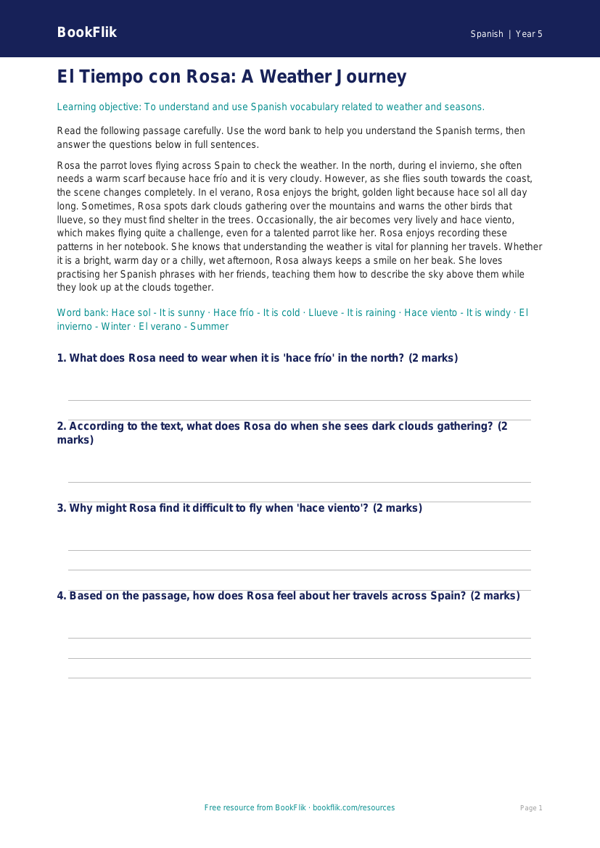 Free Weather Comprehension | Year 5 Core | BookFlik worksheet preview — Spanish Weather