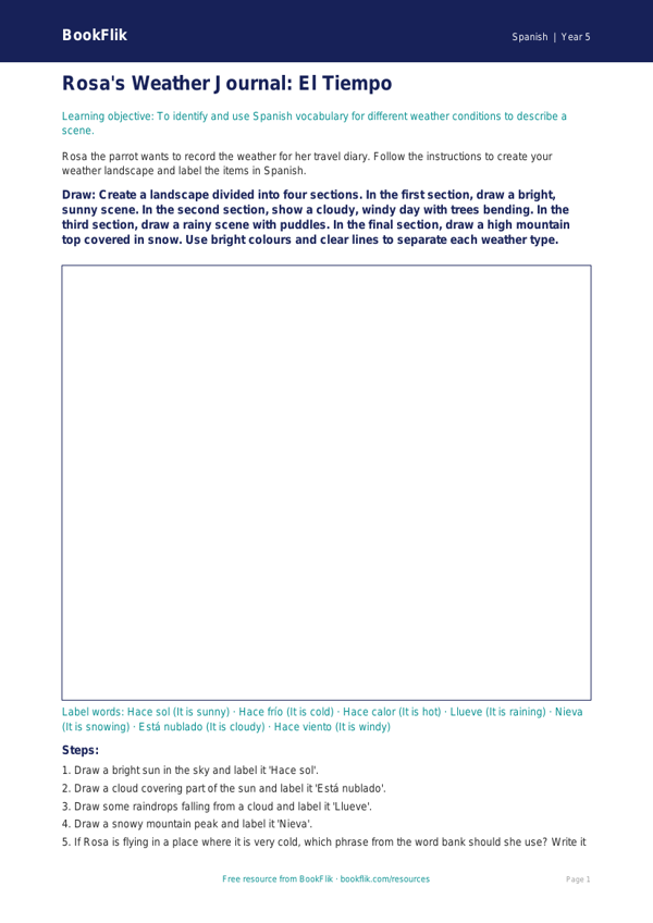 Free Weather Drawing Sheet | Year 5 Core | BookFlik worksheet preview — Spanish Weather