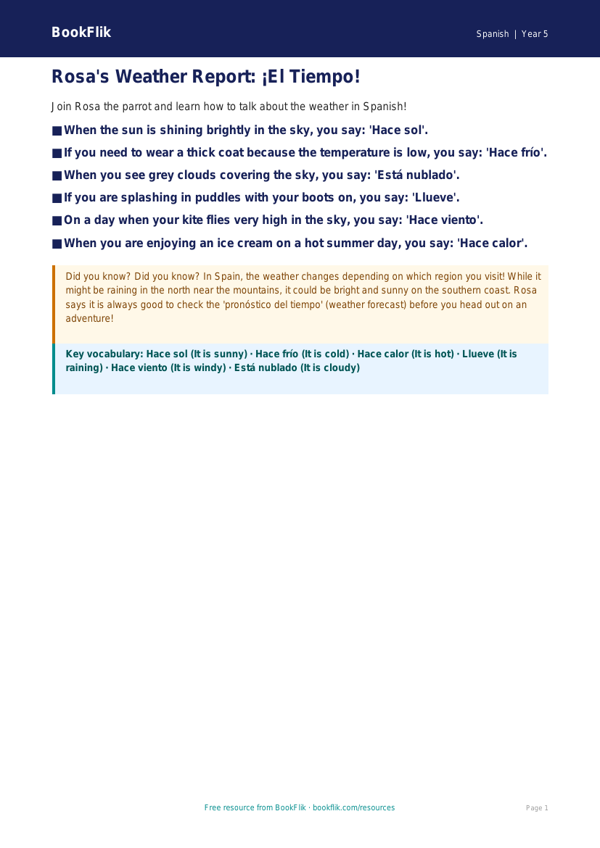 Free Weather Poster | Year 5 Core | BookFlik worksheet preview — Spanish Weather