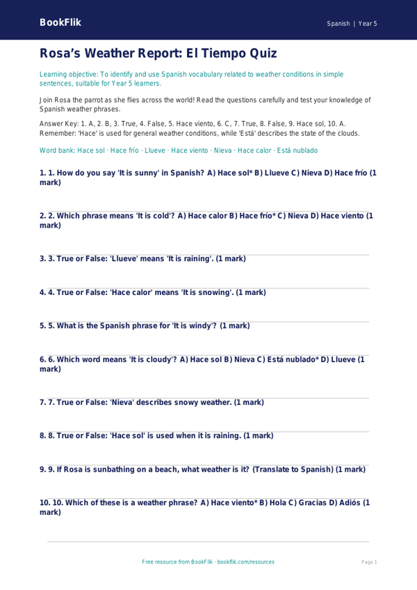 Free Weather Quiz | Year 5 Core | BookFlik worksheet preview — Spanish Weather