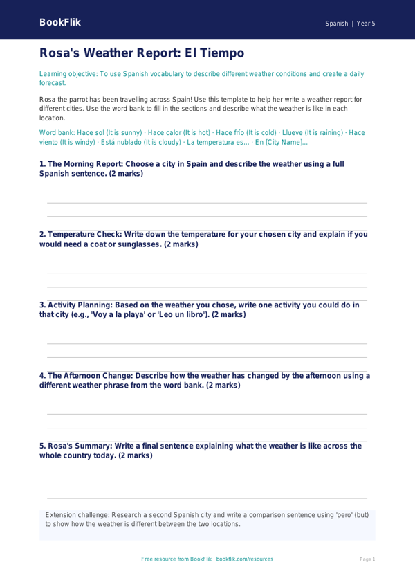 Free Weather Template | Year 5 Core | BookFlik worksheet preview — Spanish Weather