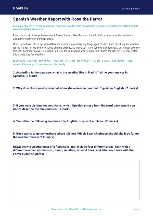 Free Weather Track Sheet | Year 5 Core | BookFlik worksheet preview — Spanish Weather