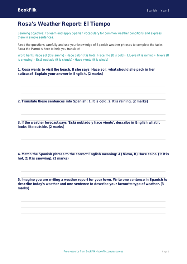Free Weather Worksheet | Year 5 Science | BookFlik worksheet preview — Spanish Weather