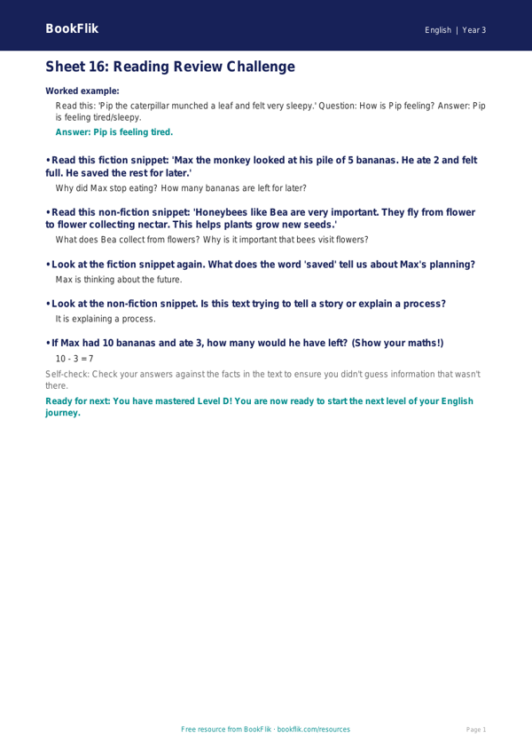 Free English Track Level D Sheet 16 | Year 3 | BookFlik worksheet preview — English D