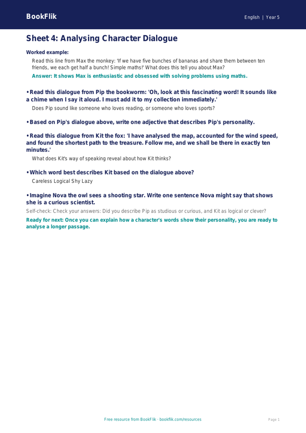 Free English Track Level F Sheet 4 | Year 5 | BookFlik worksheet preview — English F