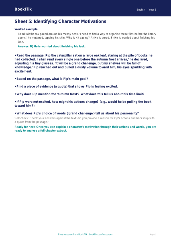 Free English Track Level F Sheet 5 | Year 5 | BookFlik worksheet preview — English F