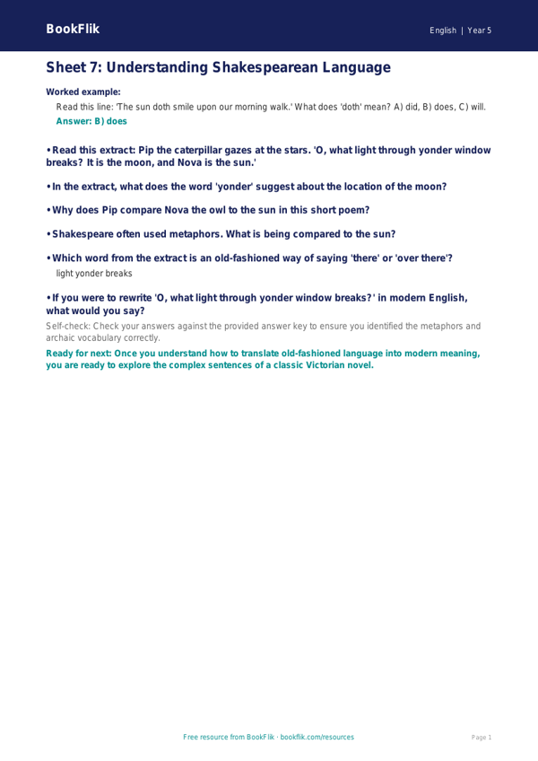 Free English Track Level F Sheet 7 | Year 5 | BookFlik worksheet preview — English F