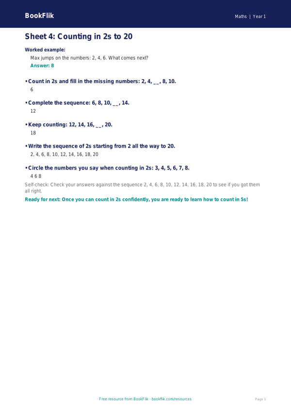 Free English Track Level 3A Sheet 4 | Year 1 | BookFlik worksheet preview — Maths 3A