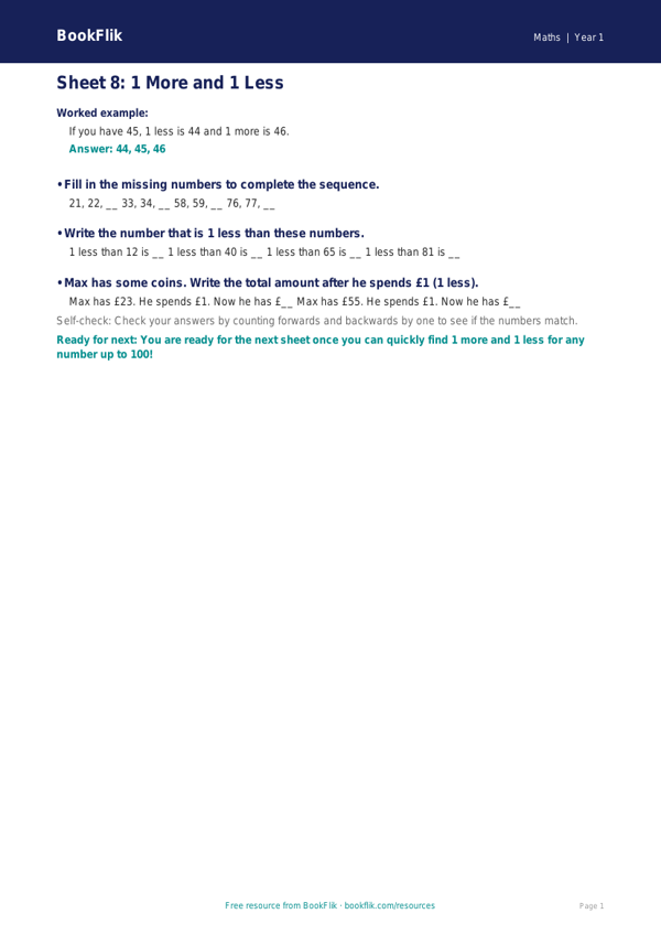 Free English Track Level 3A Sheet 8 | Year 1 | BookFlik worksheet preview — Maths 3A