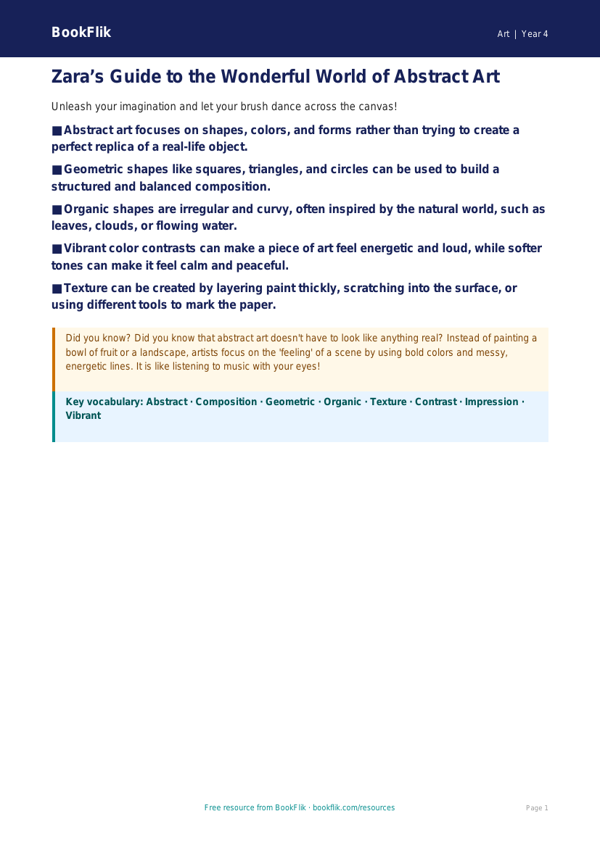 Free Abstract Art Poster | Grade 3 | Art | BookFlik worksheet preview — Art Abstract Art