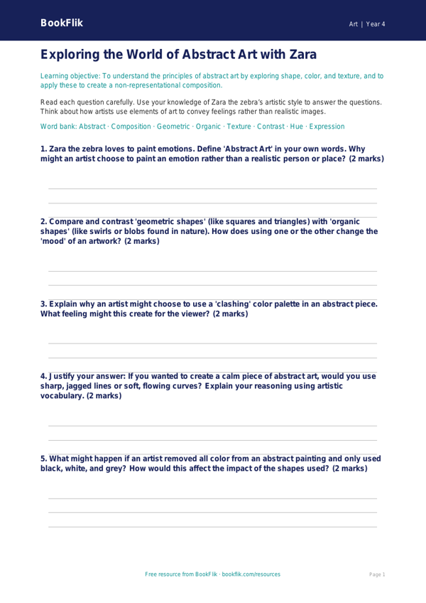 Free Abstract Art Worksheet | Grade 3 | Art | BookFlik worksheet preview — Art Abstract Art