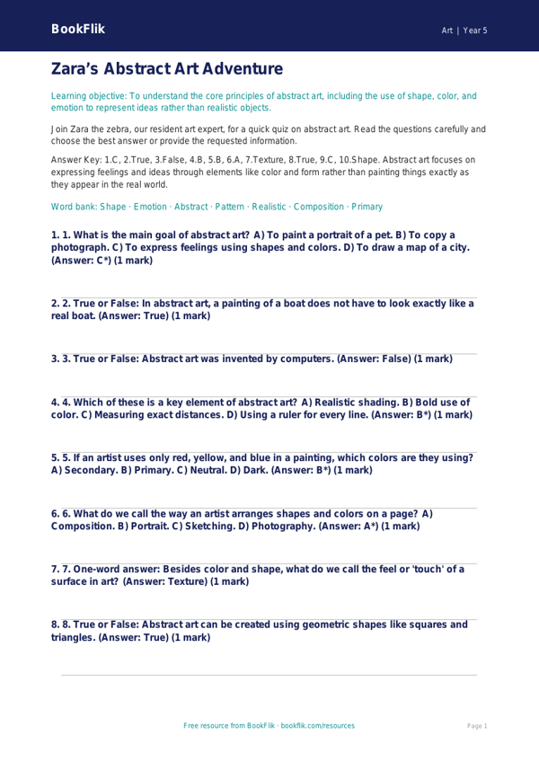 Free Abstract Art Quiz | Grade 4 | Art | BookFlik worksheet preview — Art Abstract Art
