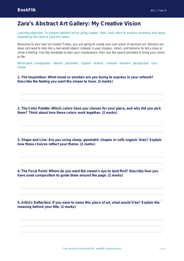 Free Abstract Art Template | Grade 4 | Art | BookFlik worksheet preview — Art Abstract Art