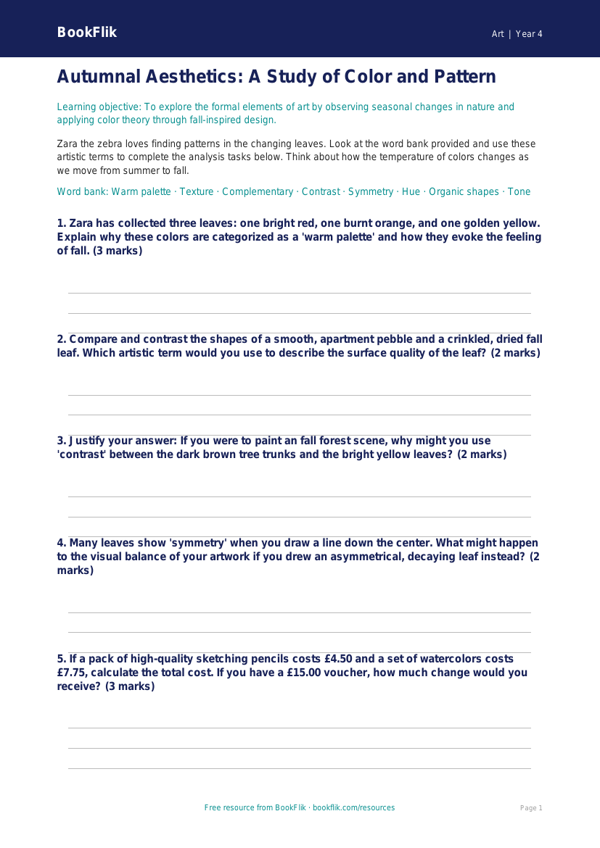 Free Autumn Art Activity Sheet | Grade 3 | Art | BookFlik worksheet preview — Art Autumn Art