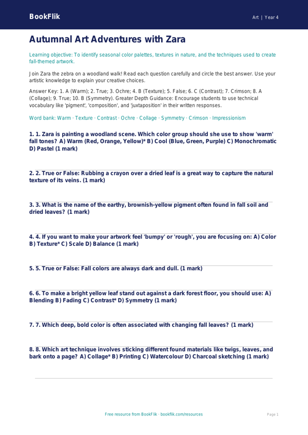 Free Autumn Art Quiz | Grade 3 | Art | BookFlik worksheet preview — Art Autumn Art