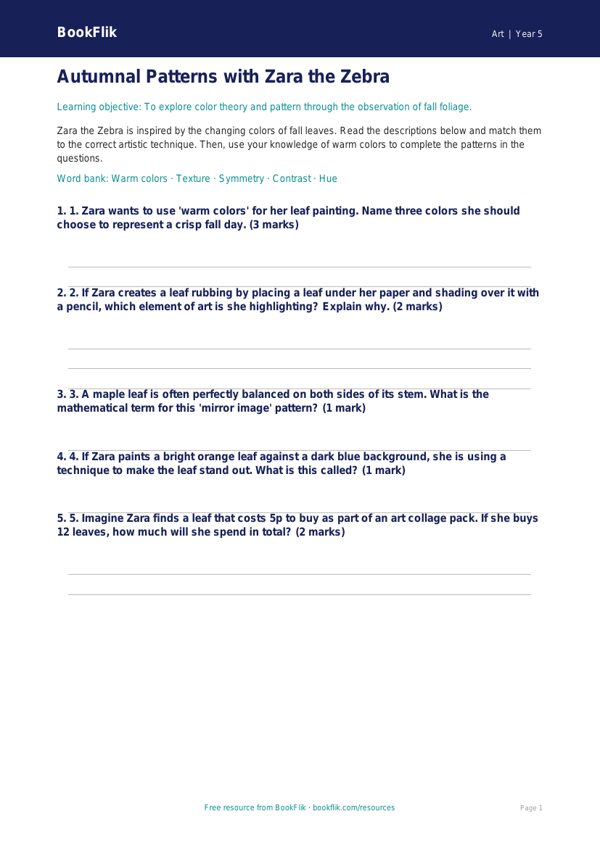 Free Autumn Art Activity Sheet | Grade 4 | Art | BookFlik worksheet preview — Art Autumn Art