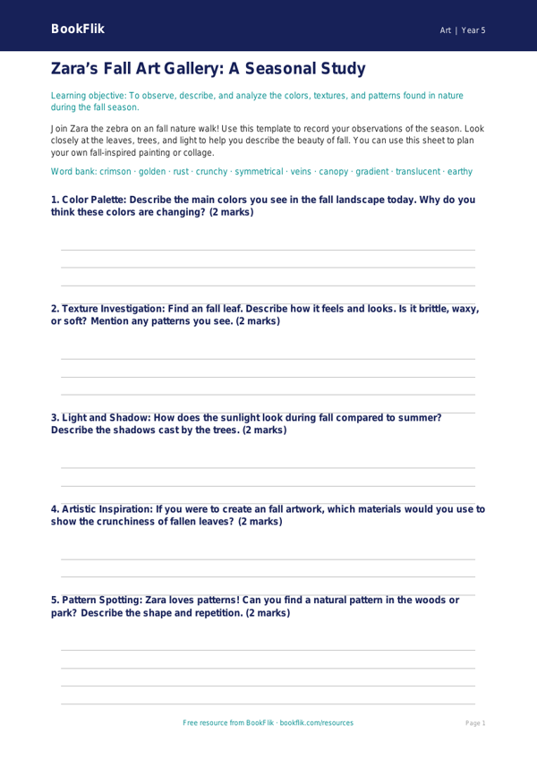 Free Autumn Art Template | Grade 4 | Art | BookFlik worksheet preview — Art Autumn Art
