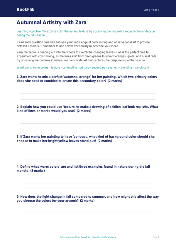 Free Autumn Art Worksheet | Grade 4 | Art | BookFlik worksheet preview — Art Autumn Art